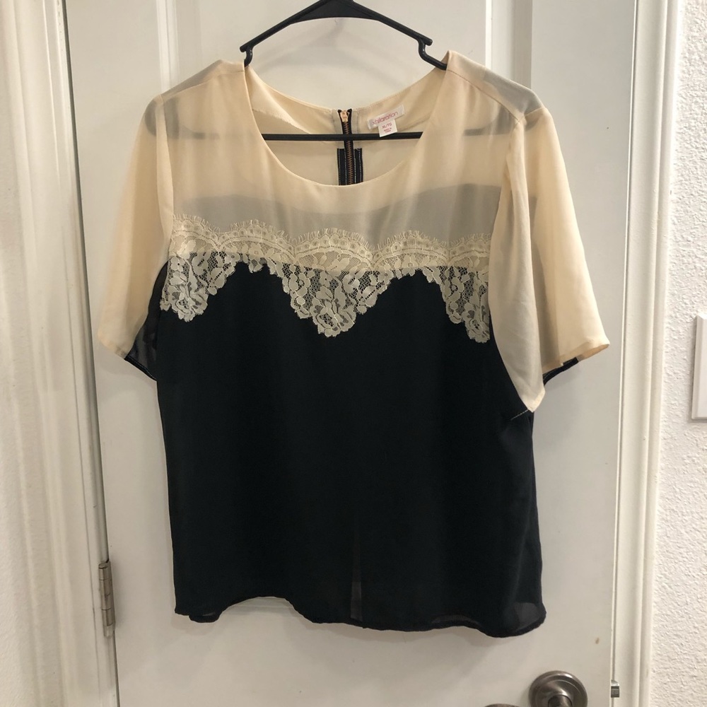 Black and cream sheen blouse with lace fringe